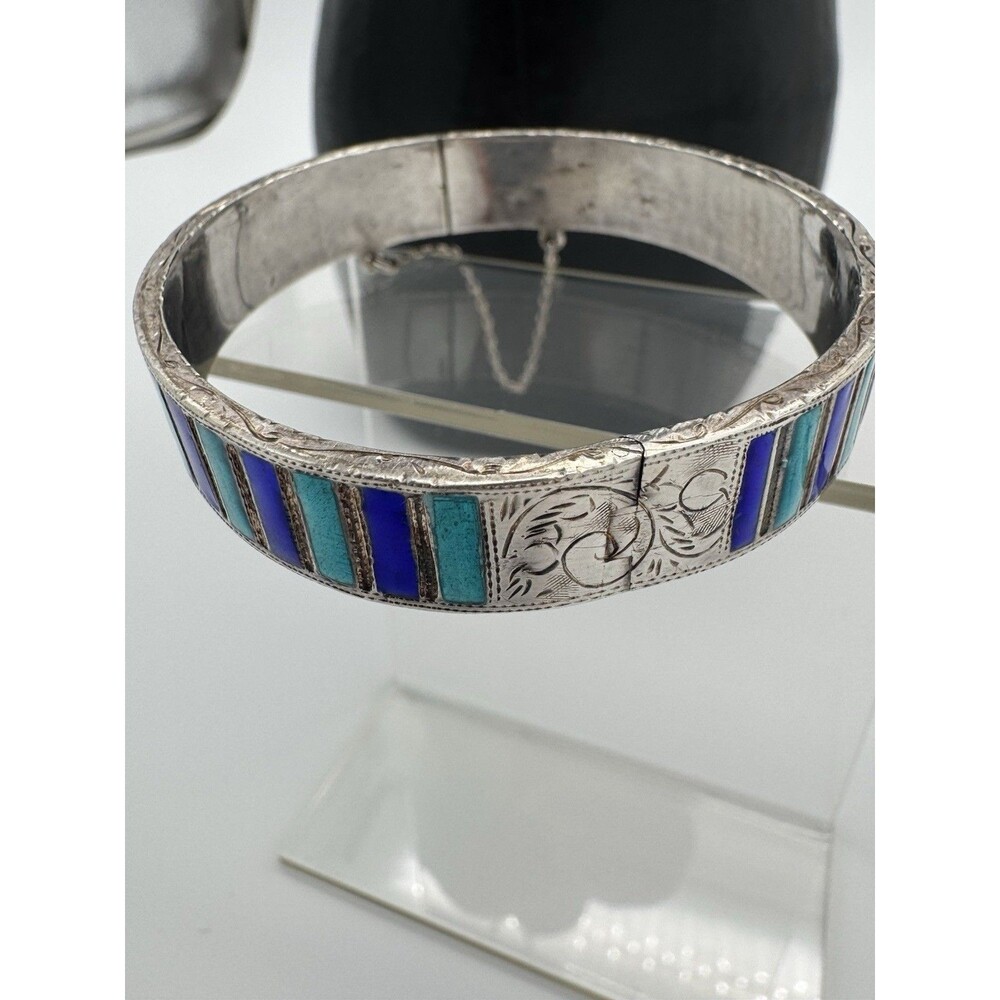 VINTAGE STERLING 925 Blue Green Aqua ENAMEL HINGEd BRACELET Bangle Clasp Closure - Picture 3 of 10